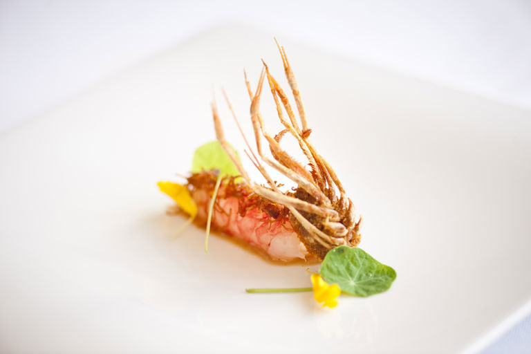 Prawns with dried scallops and roasted almond cream