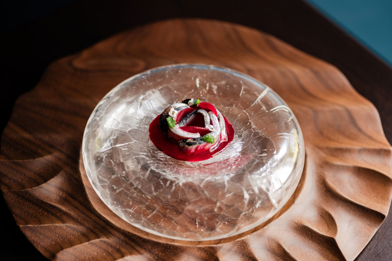 Shime saba, beetroot and yuzu