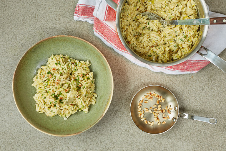 Artichoke orzotto with toasted pine nuts