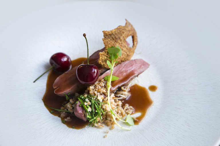 Duck breast with celeriac choucroute, bulgar wheat and cherries