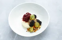 Gooseberry parfait with caramelised nuts and blackberries