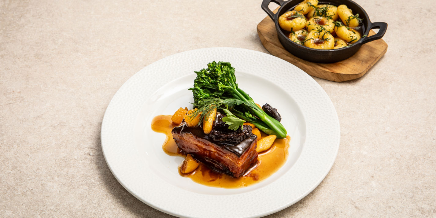 Slow-Cooked Pork Belly with Apricot, Prunes and Apple and Silesian Dumplings Recipe - Great British 
