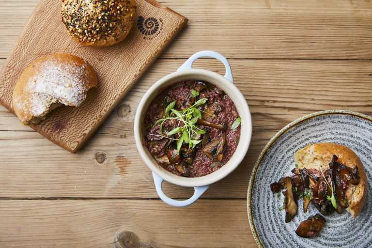 Potted wild mushrooms with tapenade 