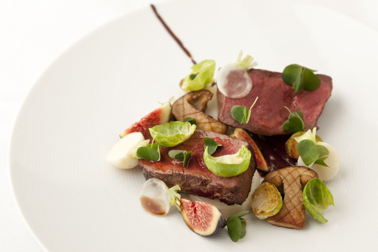 Venison, chocolate, fig, turnip and Brussels sprouts