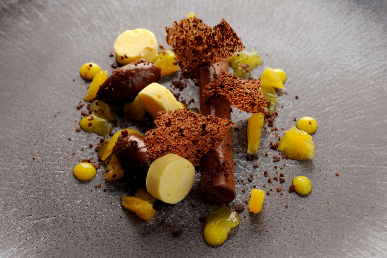 Dark chocolate and orange ganache, orange parfait and cocoa nib tuille