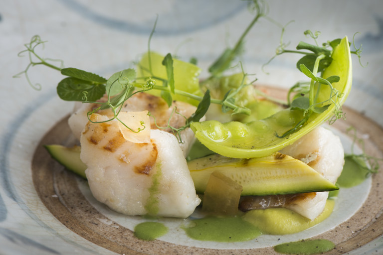Cod with peas, snowpeas, cedro and pea shoots