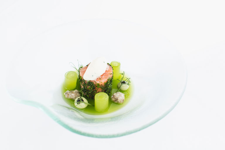 Salmon cannelloni, compressed cucumber, oyster ceviche and oyster mayonnaise