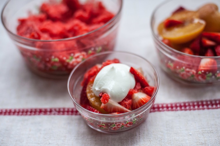 Poached peach with strawberry granita