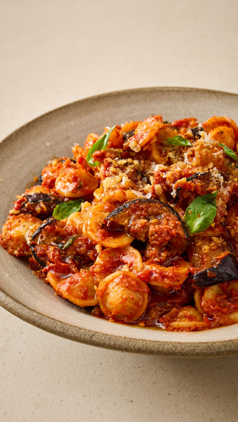Smoky aubergine orecchiette with _nduja tomato sauce recipe reel