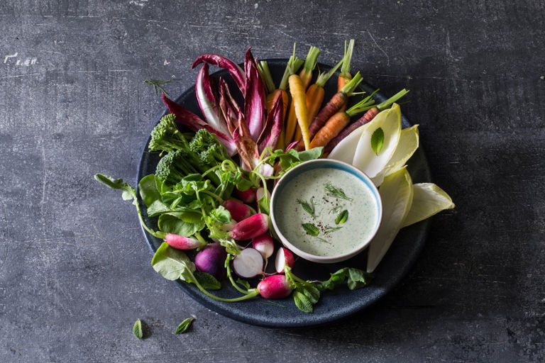 Feta yoghurt dip with garlic and fresh herbs