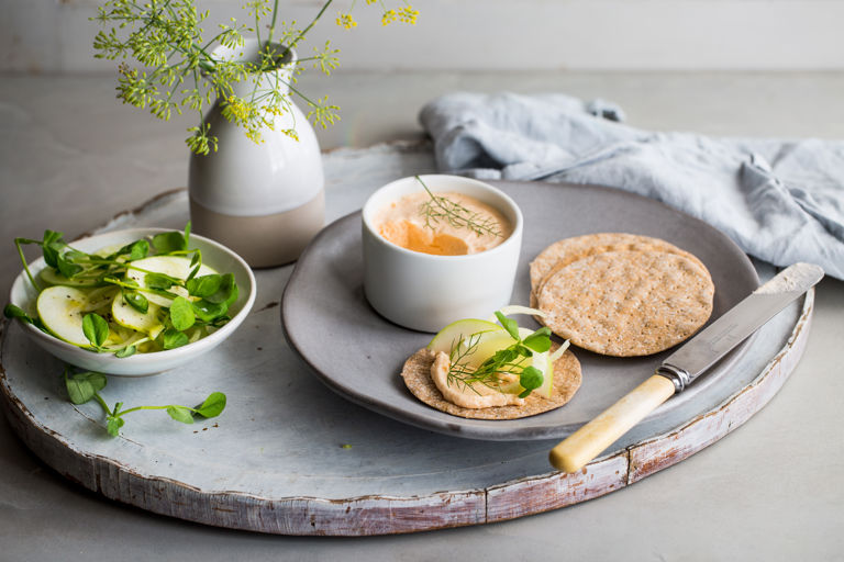 Smoked salmon pate with crisp bread, fennel and pea shoots
