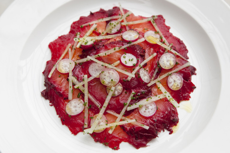 Beetroot-marinated salmon with radish salad