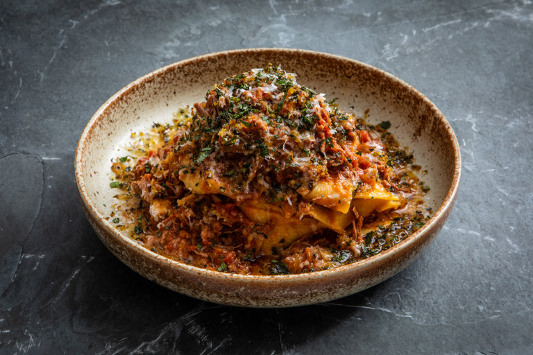Braised lamb ragù with pappardelle and mint pangrattato