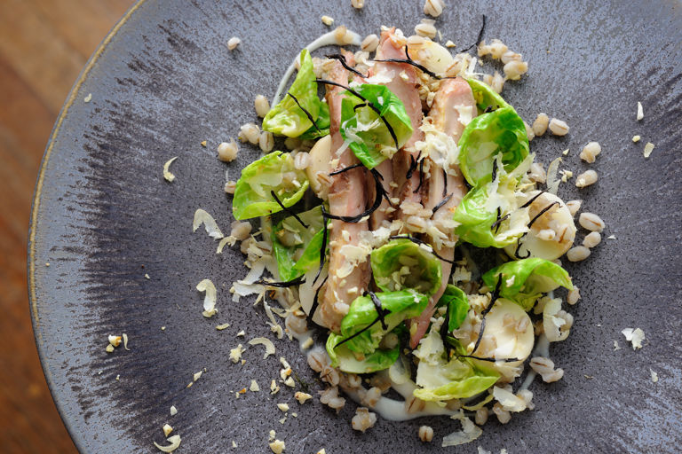 Roasted partridge, hay-baked celeriac, pearl barley and sprout leaves