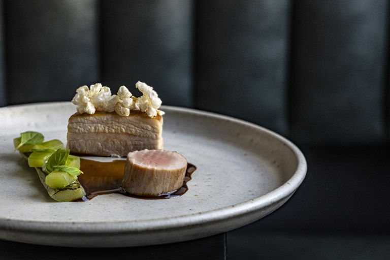 Pork belly with roasted pork fillet, blackened cucumber and cucumber ketchup