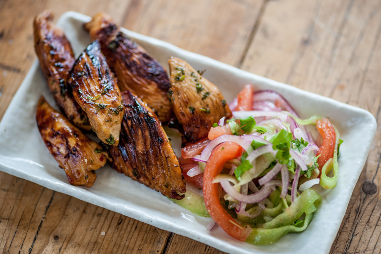 Marinated chicken strips with cucumber relish