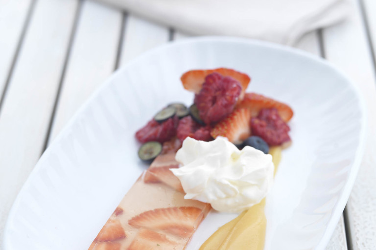 Summer fruits in elderflower jelly with elderflower curd