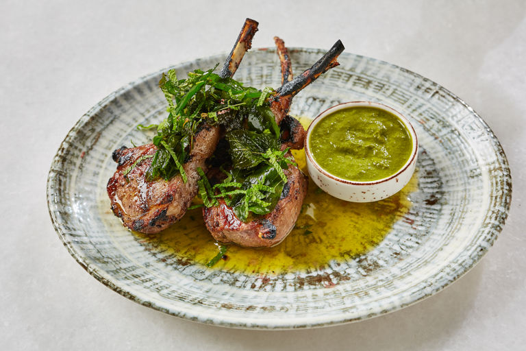 Spiced lamb cutlets with mint chutney and curry leaves