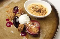 Spiced plums with Meantime Porter sabayon, ginger crumble and iced yoghurt