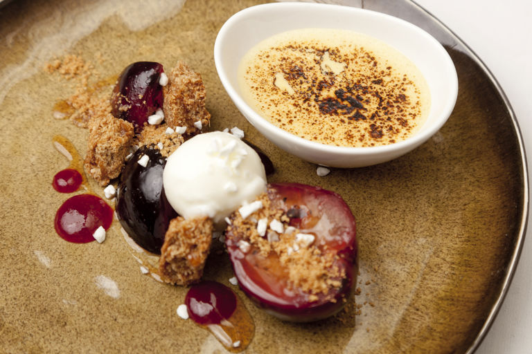 Spiced plums with Meantime Porter sabayon, ginger crumble and iced yoghurt
