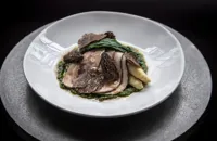 Rose veal with buttered morels, white asparagus, wild garlic and truffle
