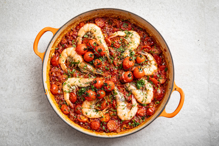 Baked Piccolo tomato rice with prawns and 'nduja