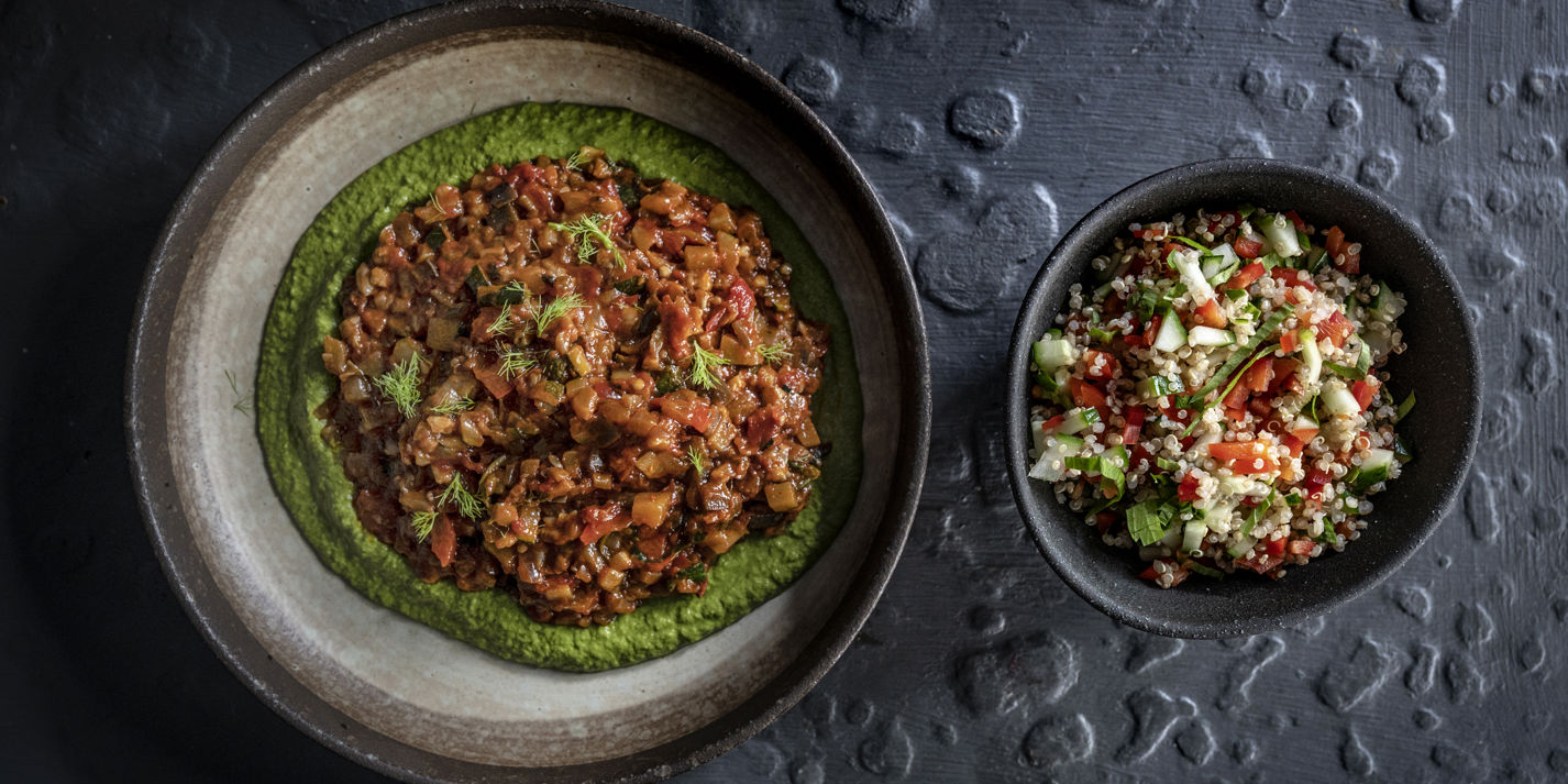 Ras el hanout ratatouille with basil pur e and tabbouleh