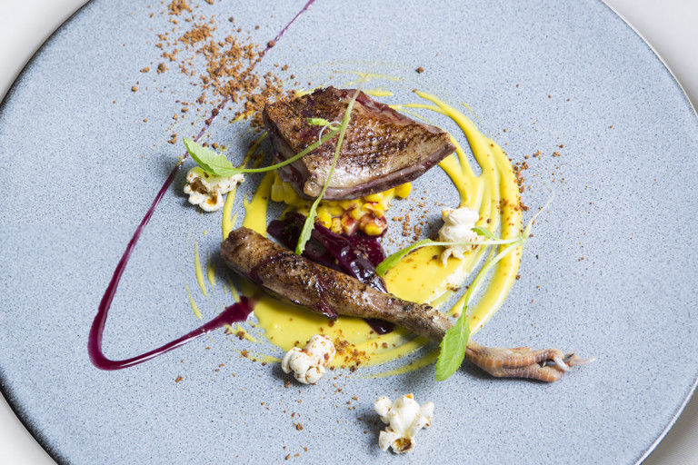 Chargrilled Anjou pigeon, Sweetcorn, Shallot, Bacon Popcorn