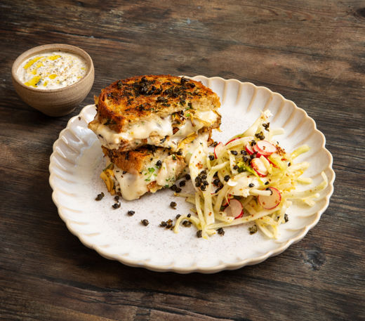 Butter-roasted artichoke grilled cheese with smoky garlic dip
