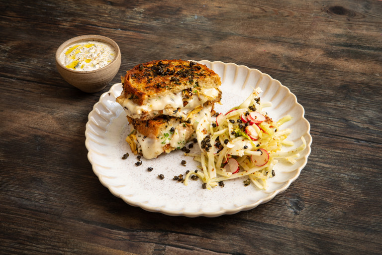 Butter-roasted artichoke grilled cheese with smoky garlic dip