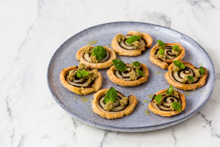 Wild mushroom palmiers with green olive and truffle tapenade