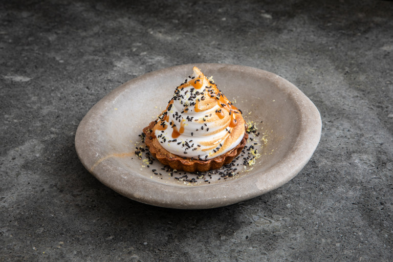 Lemon drizzle tartlets with miso caramel and Swiss meringue