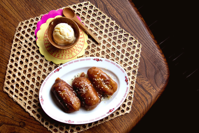 Chinese-style banana fritters with ginger ice cream