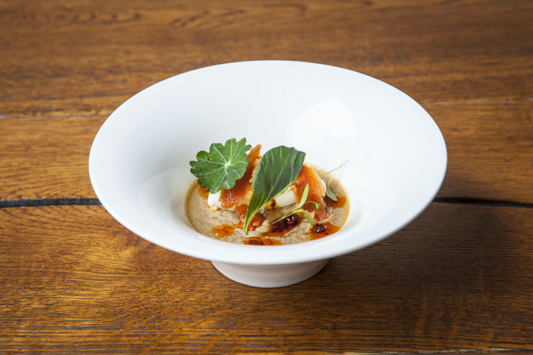 Set egg custard with maple cream, cod roe and chilli oil