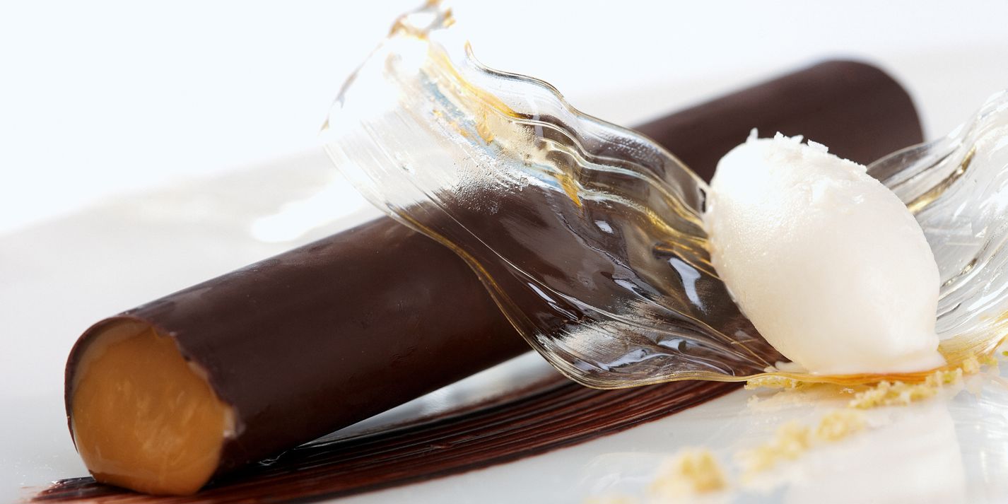Dark chocolate cylinder with smoked hazelnut praline and salted milk ice cream