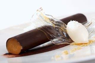 Dark chocolate cylinder with smoked hazelnut praline and salted milk ice cream