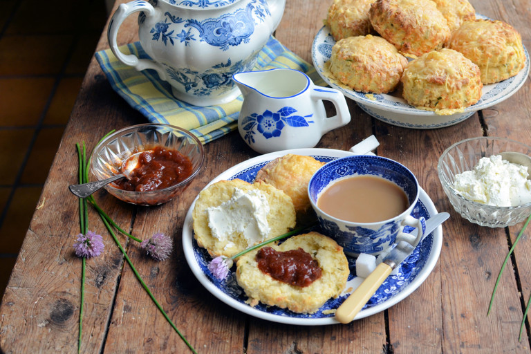 Cheese and chive scones with tomato relish and herby cream cheese