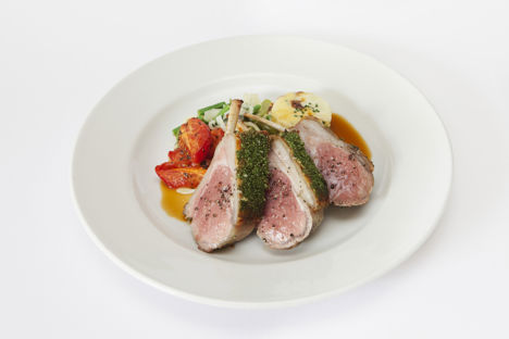 Herb and Dijon-crusted rack of lamb with Niçoise vegetables and gratin potatoes