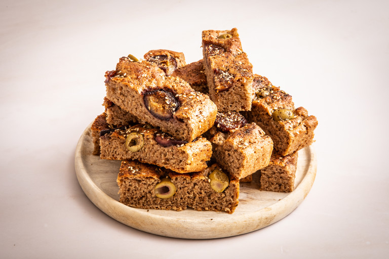 Za’atar rye focaccia with olives and figs