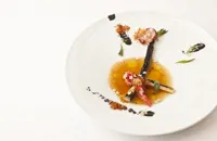 Cured lobster and charred leek with leek consommé