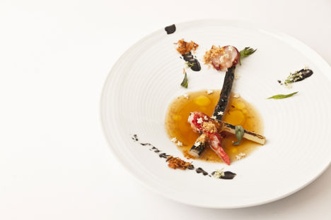 Cured lobster and charred leek with leek consommé