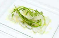 Alaska halibut marinated in lemon vinegar with asparagus and chervil salad