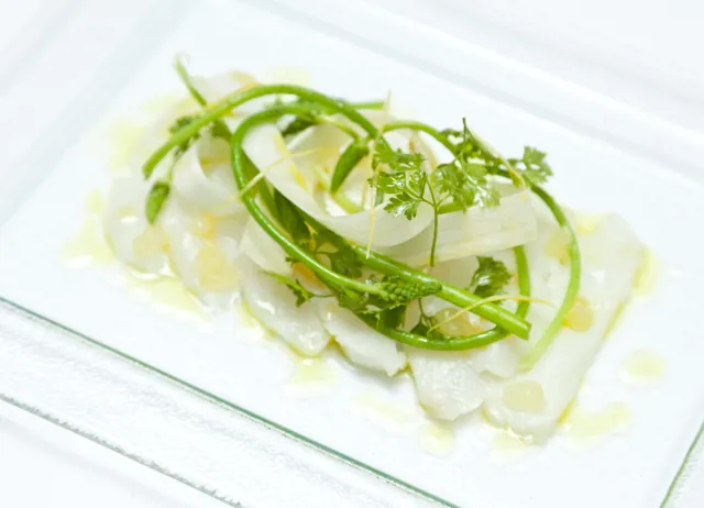 Alaska halibut marinated in lemon vinegar with asparagus and chervil salad