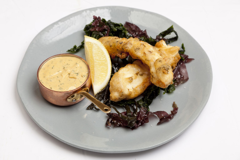 Scarborough woof and seaweed fritters with brown crab mayonnaise