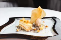 Caramelised banana mille-feuille with praline ice cream and toffee popcorn