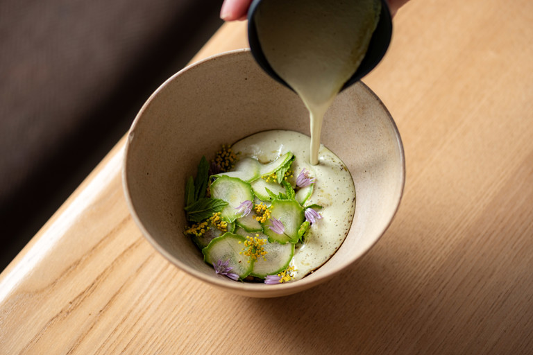 Chilled pumpkin seed soup, courgettes and gooseberries