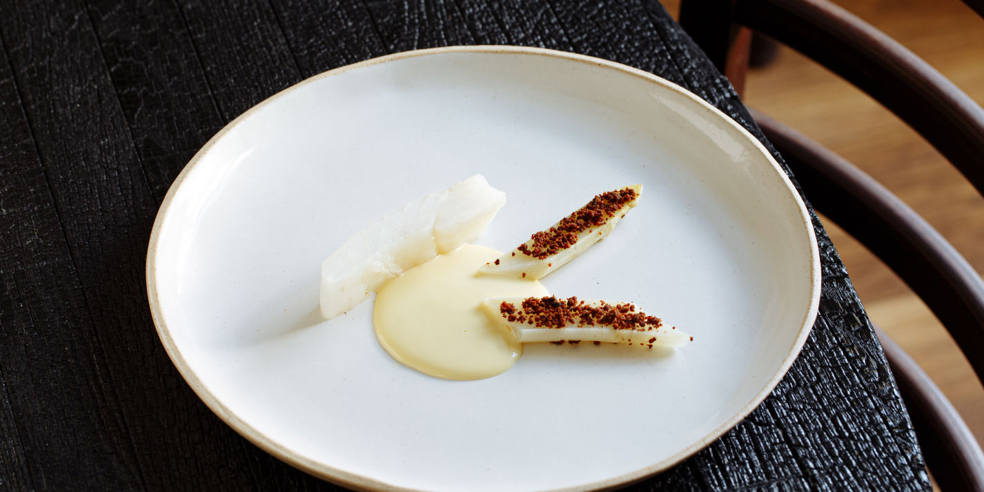 Turbot in Smoked Lardo with White Asparagus and Vin Jaune Recipe