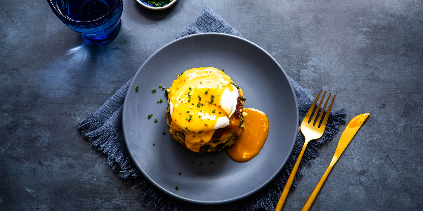 Bubble and Squeak Stacks with Poached Eggs and Mustard Hollandaise Recipe - Great British Chefs