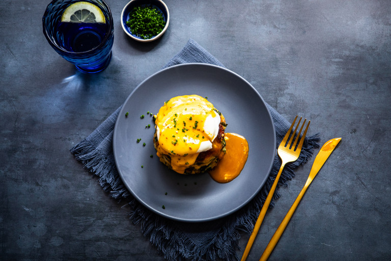 Bubble and squeak stacks with poached eggs and mustard Hollandaise