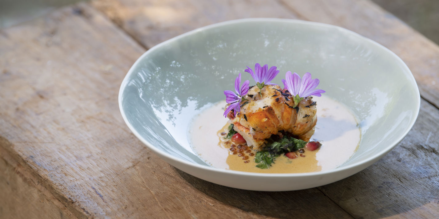 Barbecued Lobster with Mallow, Courgette Stalks and Wild Cherries Recipe - Great British Chefs